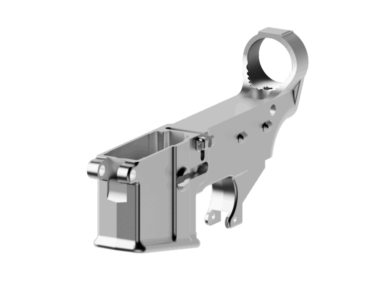 Side view of a silver 80% AR-15 lower